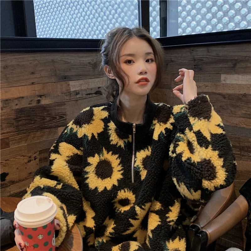 

Stand-Up Collar Zipper Sweatshirt Women Sunflower Pattern Winter Warm Fashion Tops Long-Sleeved Oversized Casual Homewear Jacket