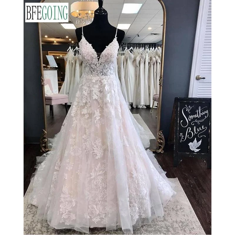 

Luxury V-Neck Spaghetti Straps A-Line Wedding Gowns Chapel Train Custom Made Floor-Length Bridal Dresses