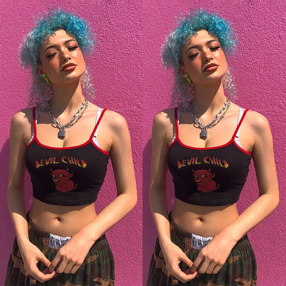 

Woman T-Shirts Sleeveless Camisole Cartoon Letter Demon Print Summer Short Elastic Soft Vest Women's Clothing Summer 2021 Tees