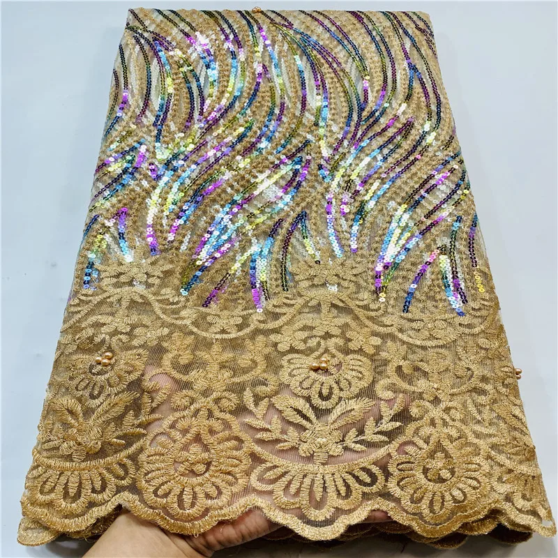 

Luxury Sequence Lace Fabric African Nigerian Net Lace with Sequins French Tulle Mesh Lace for Women Sequin Fabric Lace yellow