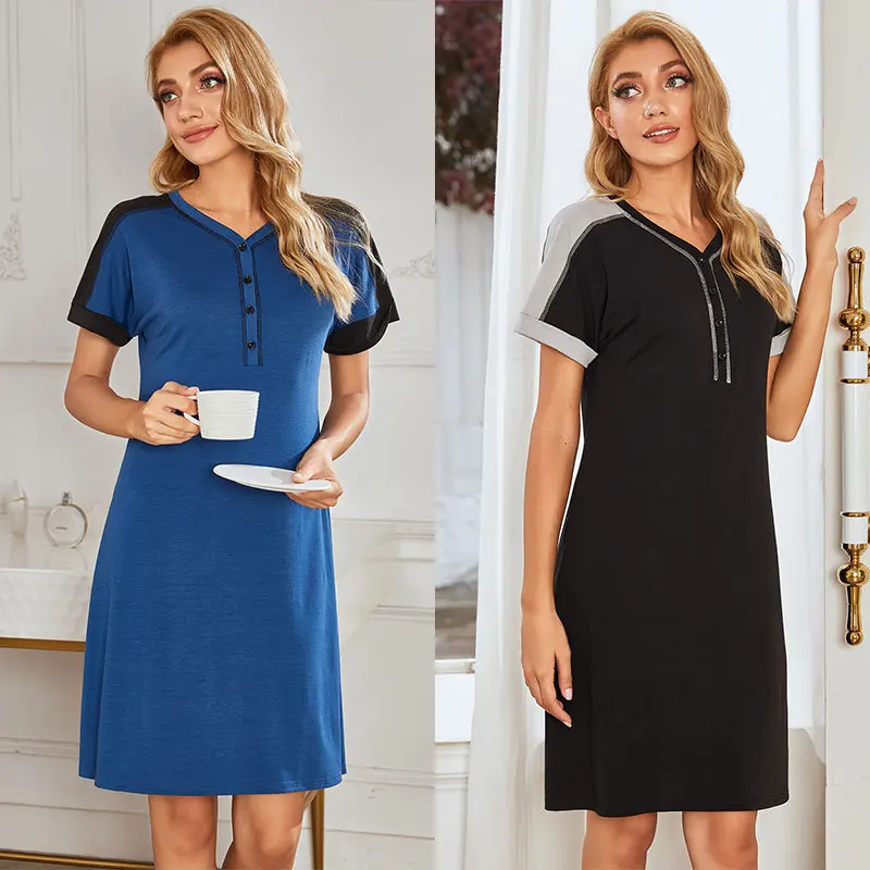 

Women Sleepwear Short Sleeve Nighty Sleep Shirt Plus SIze Nightgown Lingerie Home Robe Gown Contrast Stitched Nightdress PJS