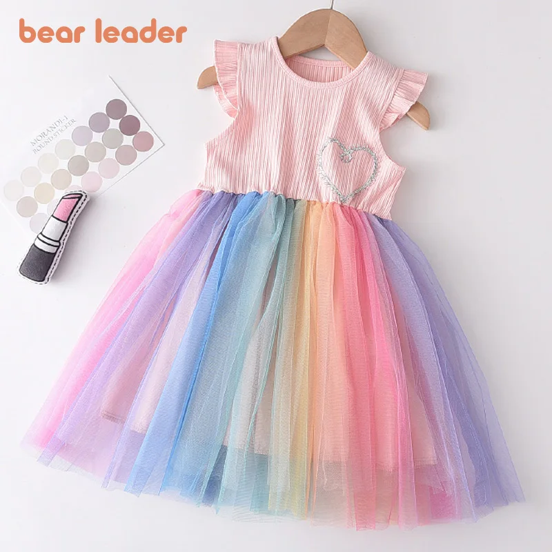 Bear Leader Girls Colorful Dress New Summer Party Dresses Kids Rainbow Mesh Costumes Cute Vestidos Outfits Children Clothing