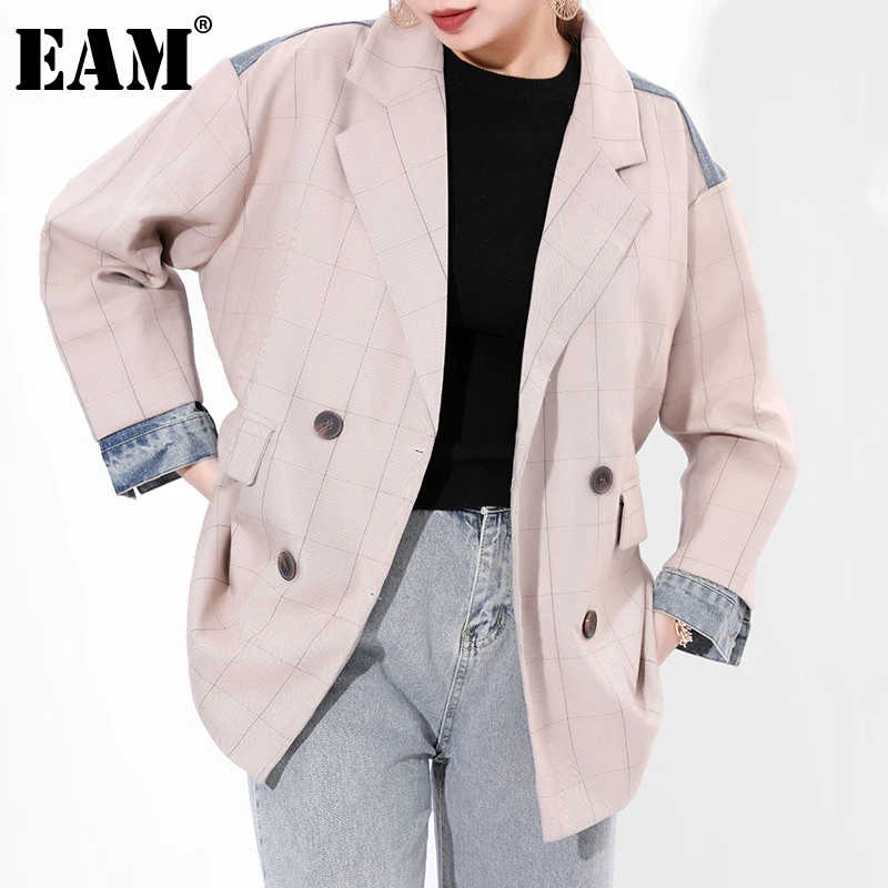 

[EAM] Women Khaki Plaid Back Denim Big Size Blazer New Lapel Long Sleeve Loose Fit Jacket Fashion Spring Autumn 2022 1X21404