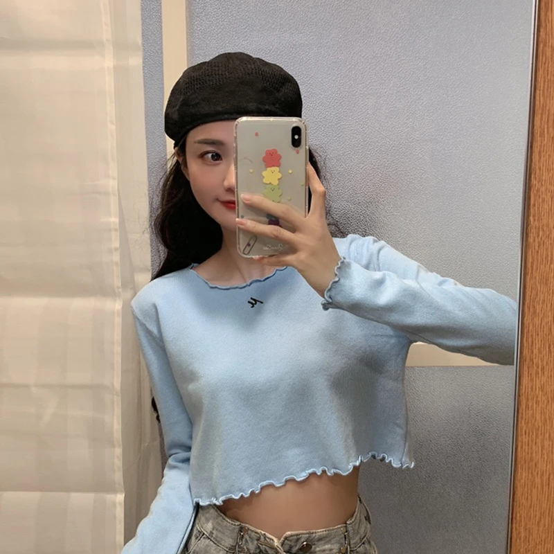 Весенние женские топы повседневный Стильный тонкий кроп топ футболки с круглым