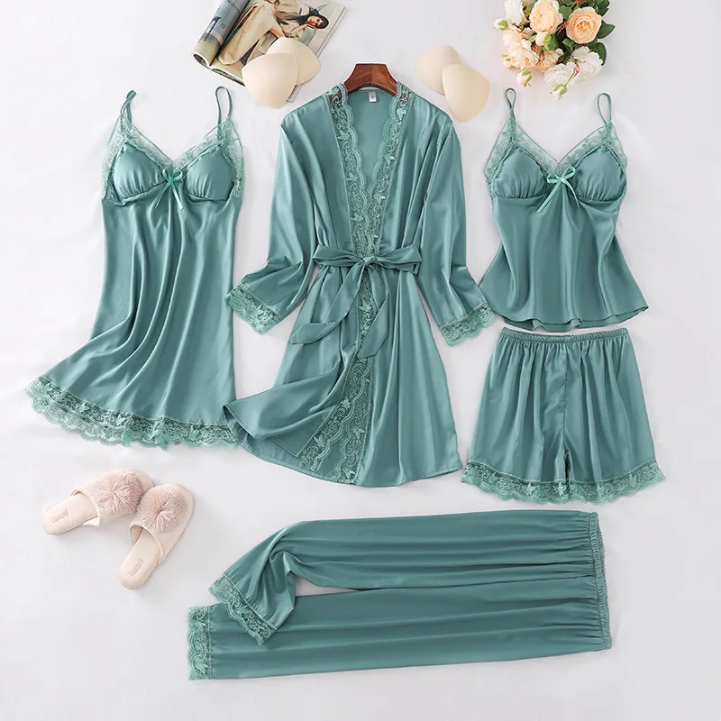 

Sexy PAJAMAS Set Satin 5PCS Sleepwear Women Lounge Wear Kimono Bathrobe Gown Soft Lace Intimate Lingerie Soft Home Clothes