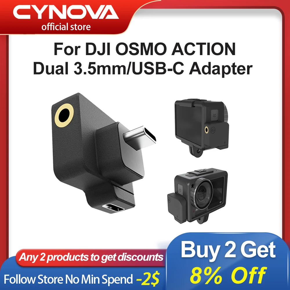 

Адаптер CYNOVA DJI OSMO ACTION Dual 3,5 мм/USB-C, микрофон для передачи данных одновременно улучшает качество звука