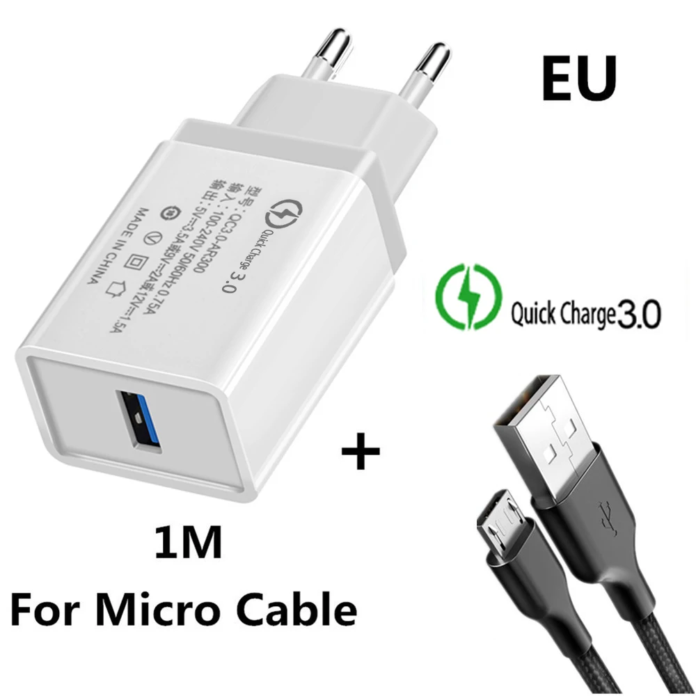 18 Вт ЕС/США Быстрая зарядка QC 3,0 USB телефонный кабель для зарядного устройства быстрое зарядное устройство настенное зарядное устройство для samsung Xiaomi huawei Android микро-кабели