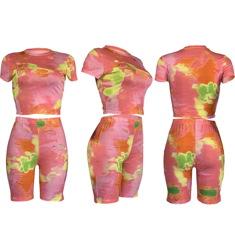 

Zoctuo Tie Dye Print Two Piece Short Set for Women Hollow Out Sexy Two Piece Set Turtleneck Short Sleeve T Shirt Short Pants Set