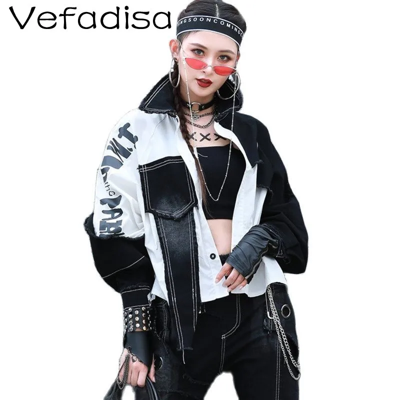 

Vefadisa 2021 Autumn New Women Clothing Printed Stitching Long-sleeved Shirt Denim Jacket Loose Black White Denim Jacket TT167