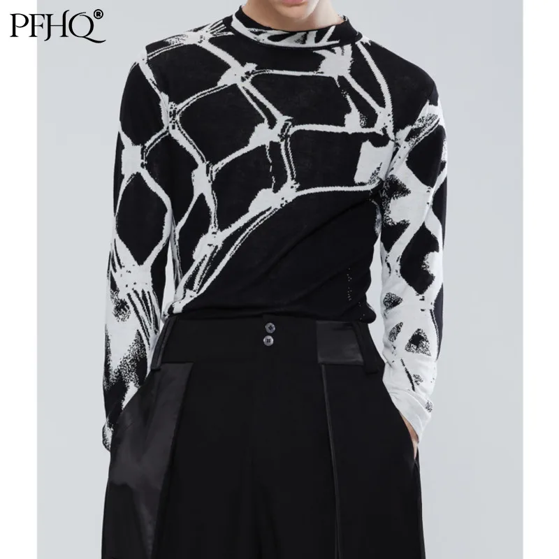 

Новинка 2021, мужской модный пуловер PFHQ, тонкая трикотажная рубашка с круглым вырезом и жаккардовым узором, Осень-зима 21E84