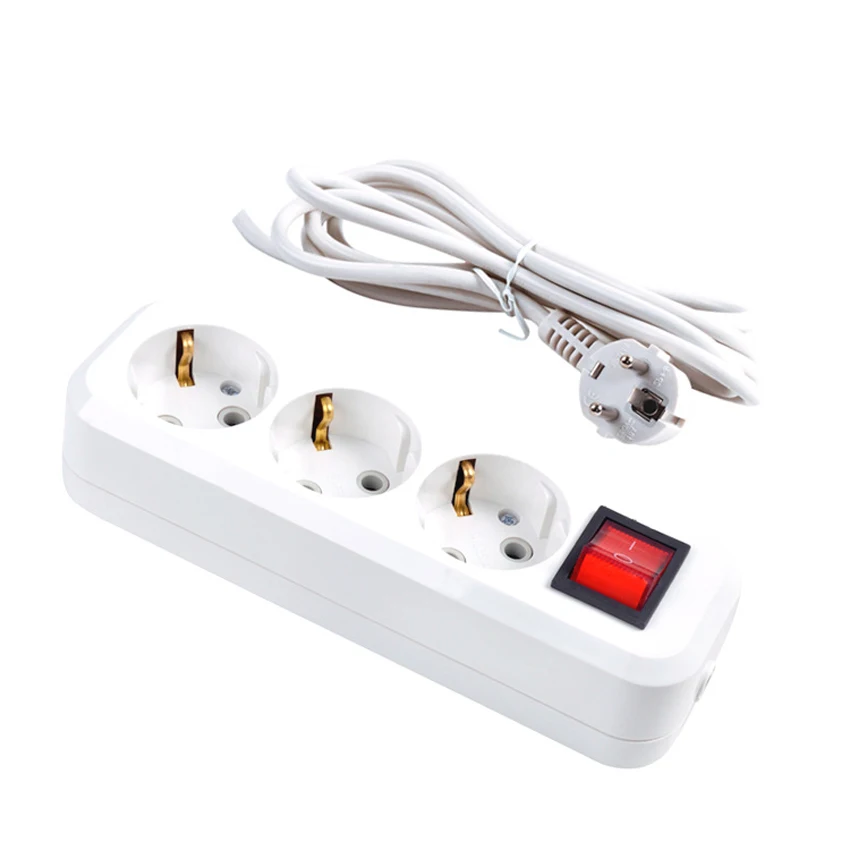 

White European 250V 10A 16A 3m 5m 3/4/5 Jack France German Russia Korea Power Strip EU Extension Schuko Outlet Switch Socket