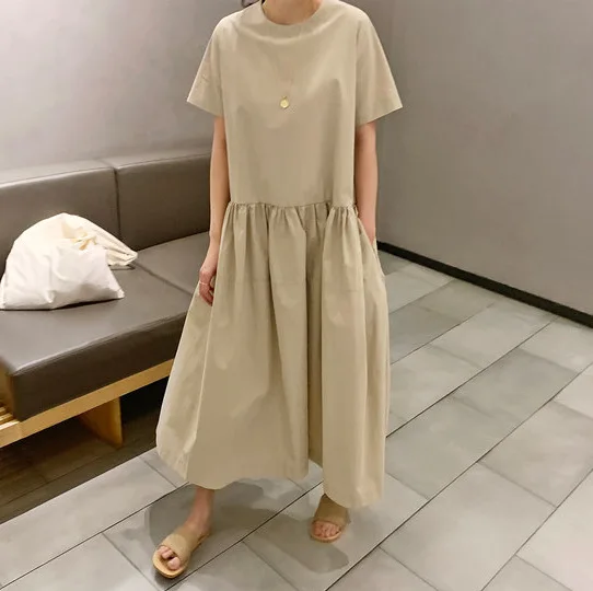 

Korean Style 2021 Summer Casual O-neck Loose Women's Long Dresses Female Minimalist Clothes Lady Loose Khaki Dress Female