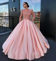 elegant see through pink prom dresses with flowers long sleeve ball gown evening dress 2021 lace beaded formal sweet 16 dress
