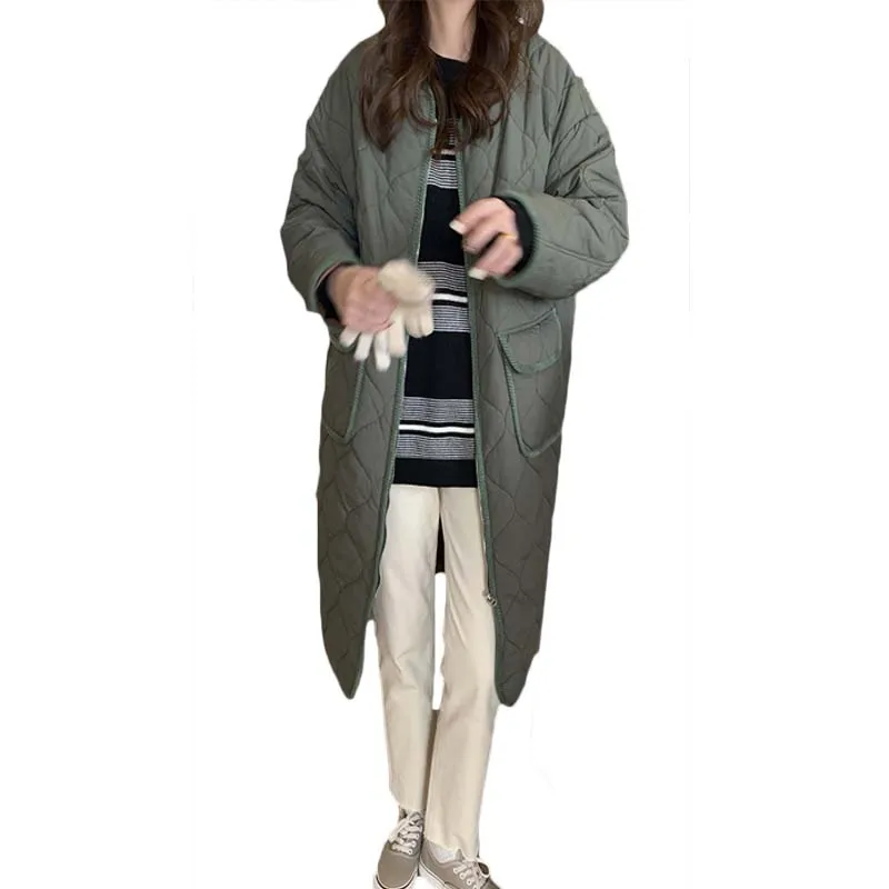 Thickened Rhombic Cotton Jacket Women 2021 Winter Korean Fashion Loose Mid-Length Over-The-Knee Outwear