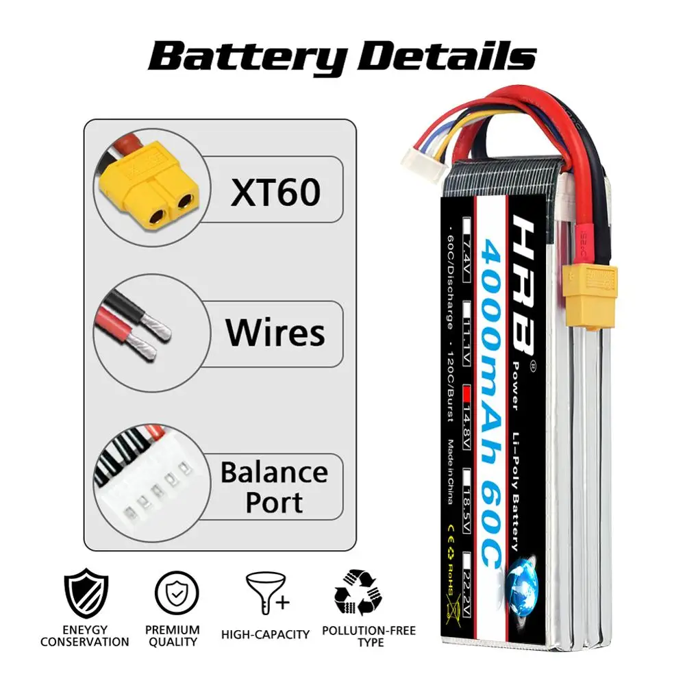 hrb 4s lipo аккумулятор 148 в 4000 мач 60c xt60 разъ