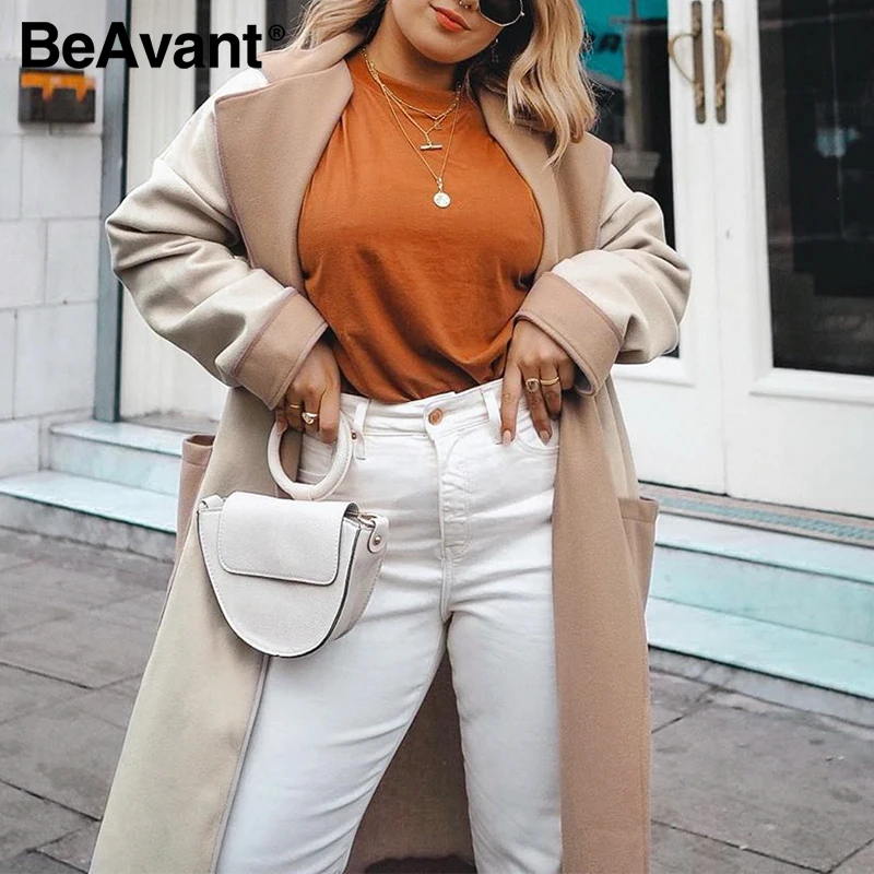 

BeAvant Office lady camel autumn winter women outwear Warm long sleeve split wool coat High street fashion lace up female coat