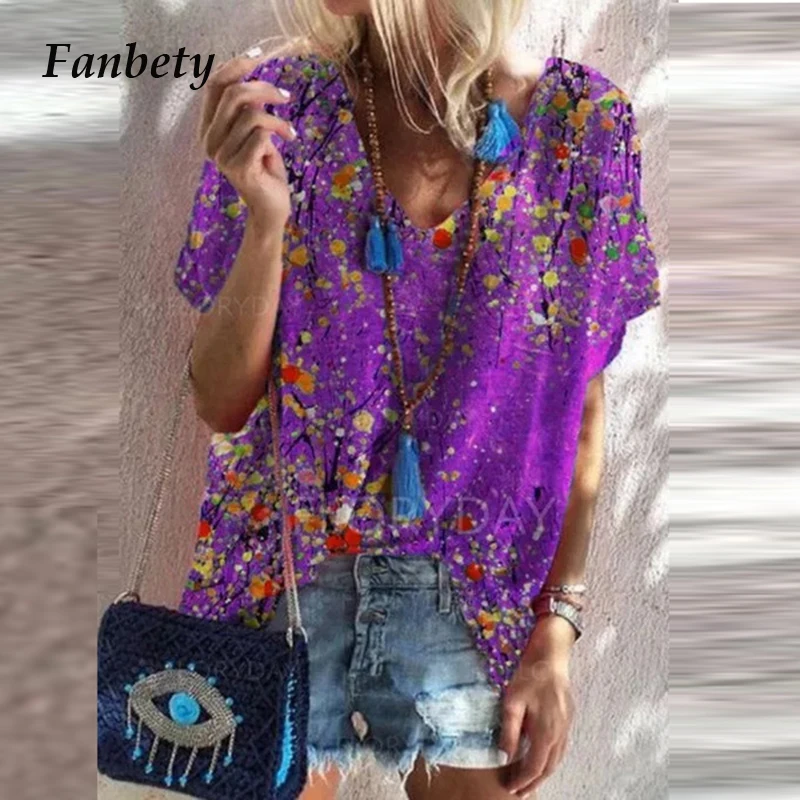 

5XL женские рубашки Лето Элегантный v-образный вырез с коротким рукавом блуза Летняя мода, Ретро стиль, с рисунком, Женская Повседневная Свобо...