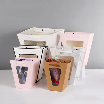 

Flower Gift Paper Boxes Clear Window Transparent Trapezoid Shape Portable Gift Packing Boxes Flower Packing Boxes Flower Bags