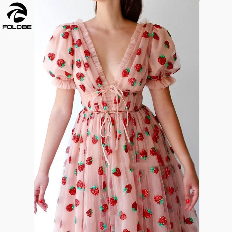

FOLOBE Strawberry Sequin Dress Zhixun French Bellflower Skirt V-neck Tie Puff Sleeve Mori Women's Women's Clothing 2021 Summer