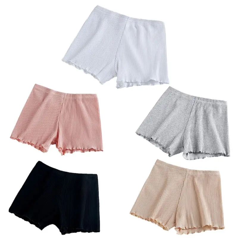 

Ladies Women Summer Safety Pants Thread Ribbed Striped Seamless Stretchy Underpants Solid Color Ruffled Agaric Hem Boxer Shorts