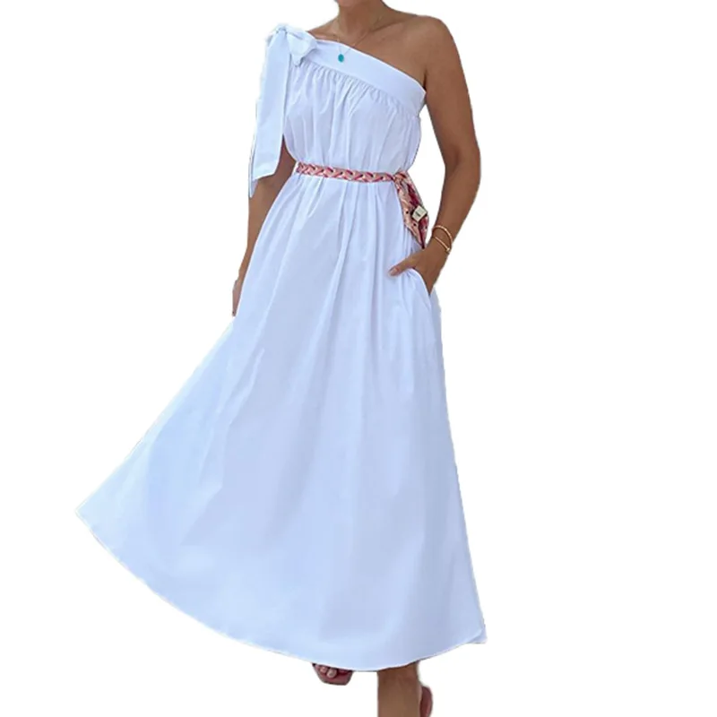 

New Women's Summer Fall 2021 Pure Color Slanted Shoulder Bowknot Irregular Sleeveless Temperament Loose Bodycon Vintage Dress