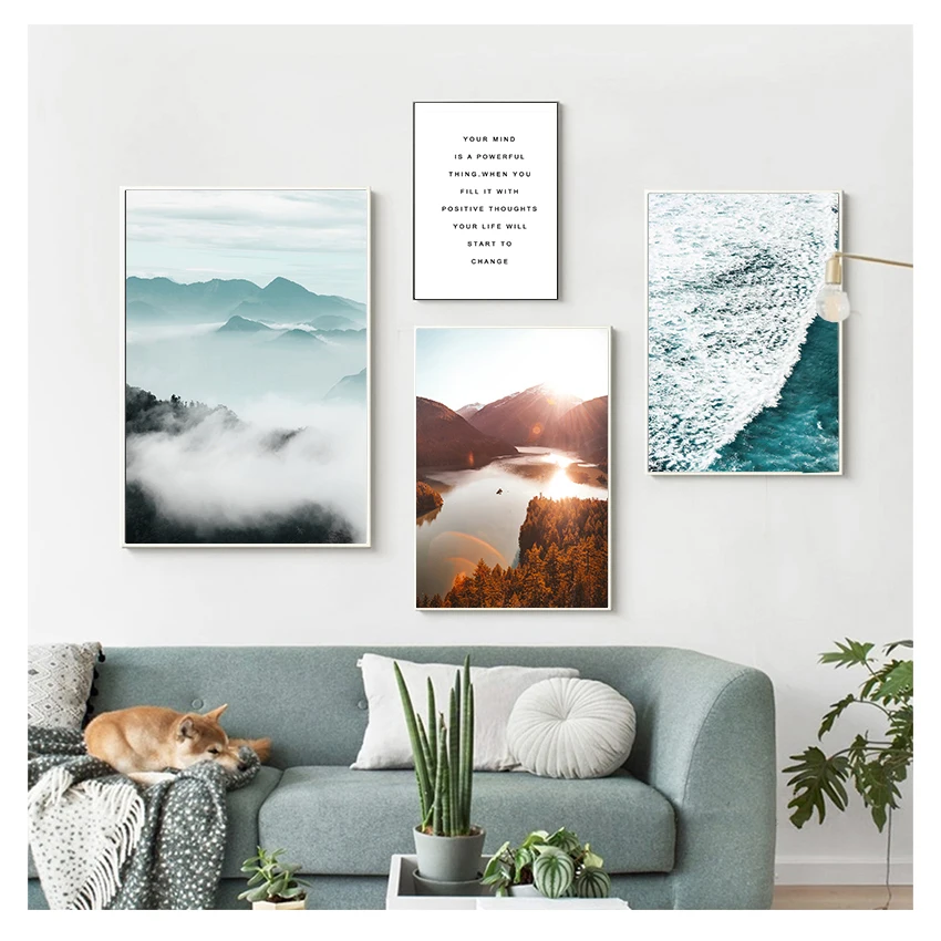 

Wall Art Poster Mountain Lake Landscape Print Painting Ocean Quotes Decorative Picture Home Decor Scandinavia Fog Forest Canvas