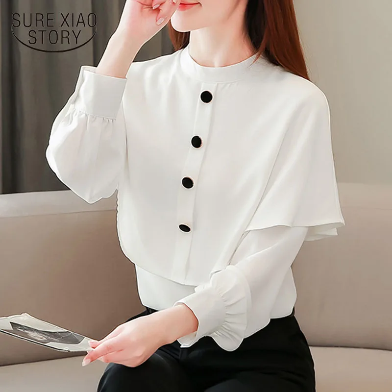 

2020 Autumn New Chiffon Puff Long Sleeve White Blouse Women Office Lady Solid Stand Collar Pullover Shirt for Women Blusas 10513