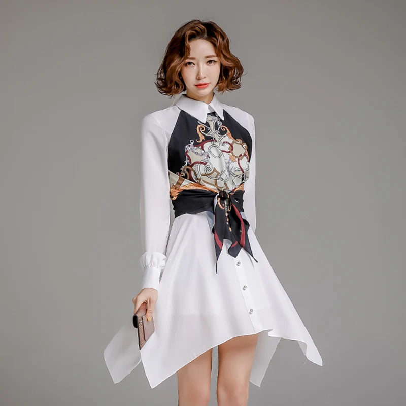 

Long Sleeve Spring Dress 2021 Patchwork Asymmetrical Shirt Dress Floral Print Lace Up Women Clothing