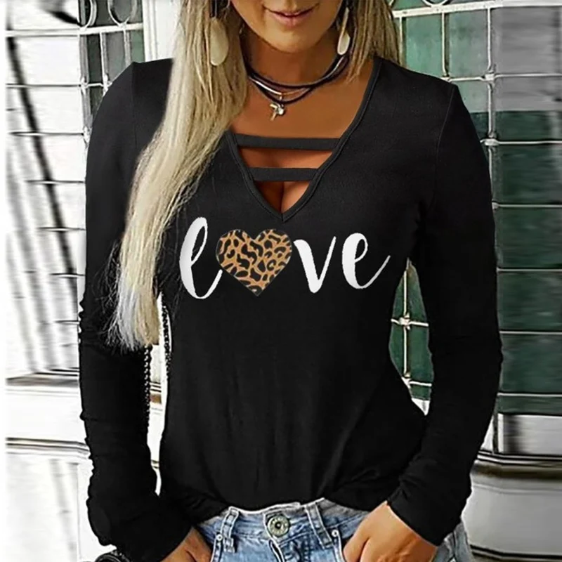 

Sexy V Neck Hollow Lady Blouse Top Women Casual Harajuku Long Sleeve Loose Shirt Blusa Retro Gradient Letter Print Tops Pullover