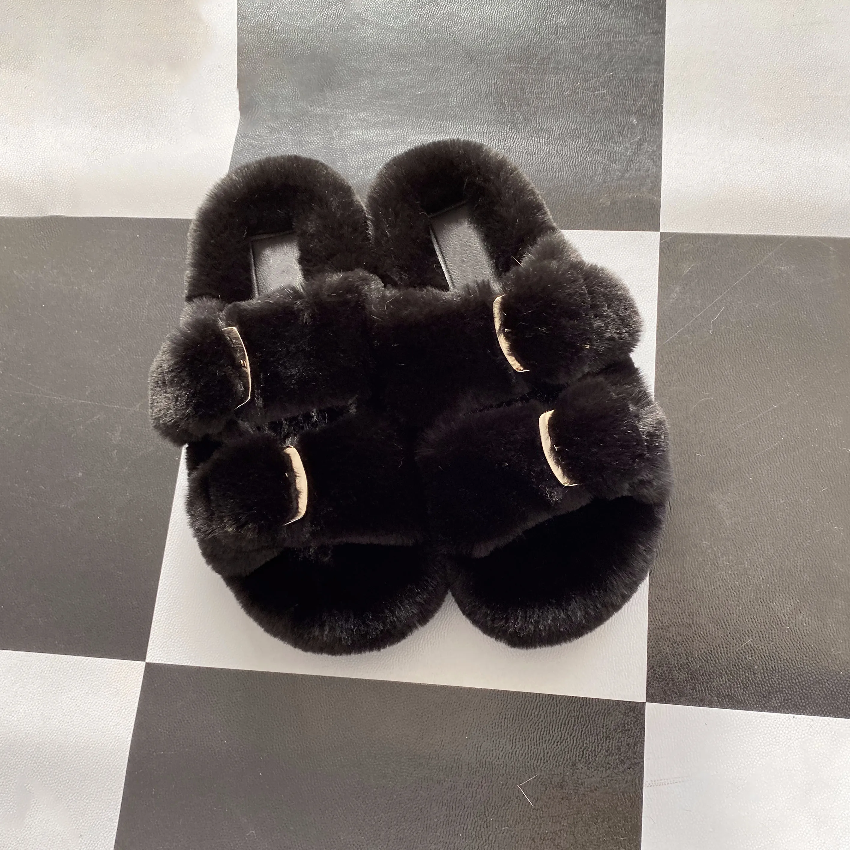 

New Style Ladies Slippers High Imitation Mink Leather Women's Shoes Fluffy Mink Fur Warm Artiflcial Flat Slippers