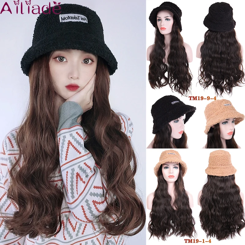 New Long Wavy Hat Wig Black Brown Multicolor With And Plush fisherman Natural Connection Synthetic Female wig Cap | Аксессуары для