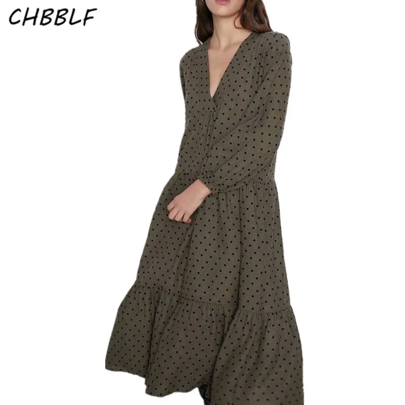 Женское свободное платье CHBBLF винтажное средней длины в горошек с v образным