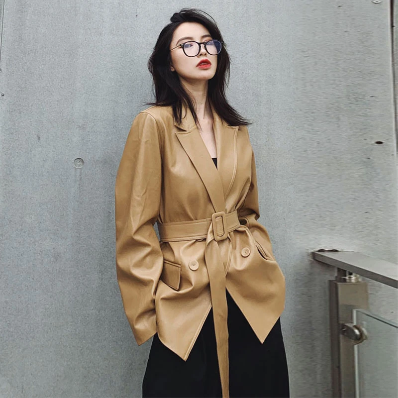 Женская куртка из искусственной кожи с поясом дизайнерская повседневная верхняя