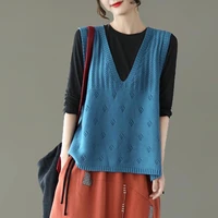 2021 new spring autumn vintage sweet hollow out knitted wool womens vest v neck pullover girl outdoor leisure simple blue