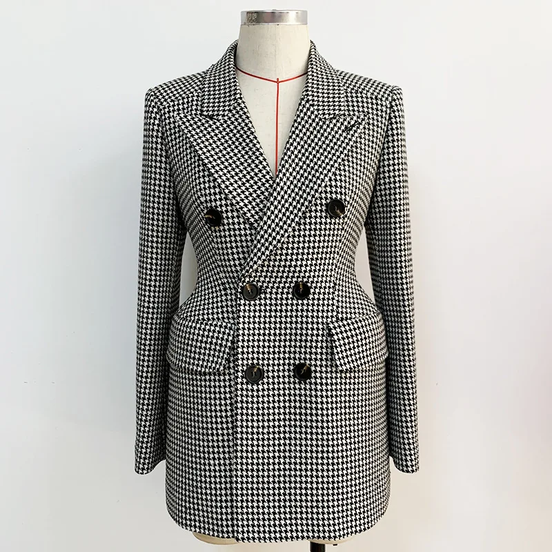 

2021 New Suit Collar Slim Profile Thousand Bird Check Wool Medium Length CoatLong Coat Dress