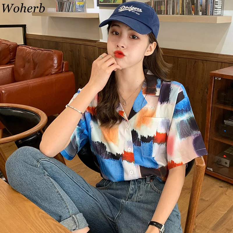 Блузка woherb Женская в клетку с принтом тай-дай Свободный Топ коротким рукавом