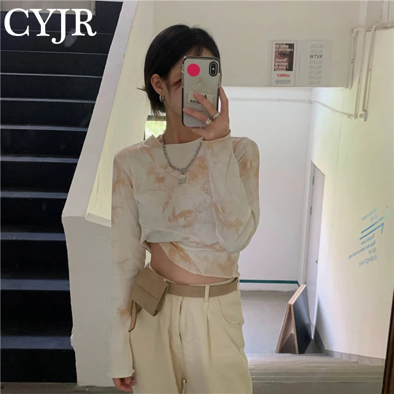 

Tie Dye Print Streetwear Ruffle Crop Top Women Autumn Rib Knitted Skinny Tshirt Kpop Fashion Tee Shirts Harajuku Clothes