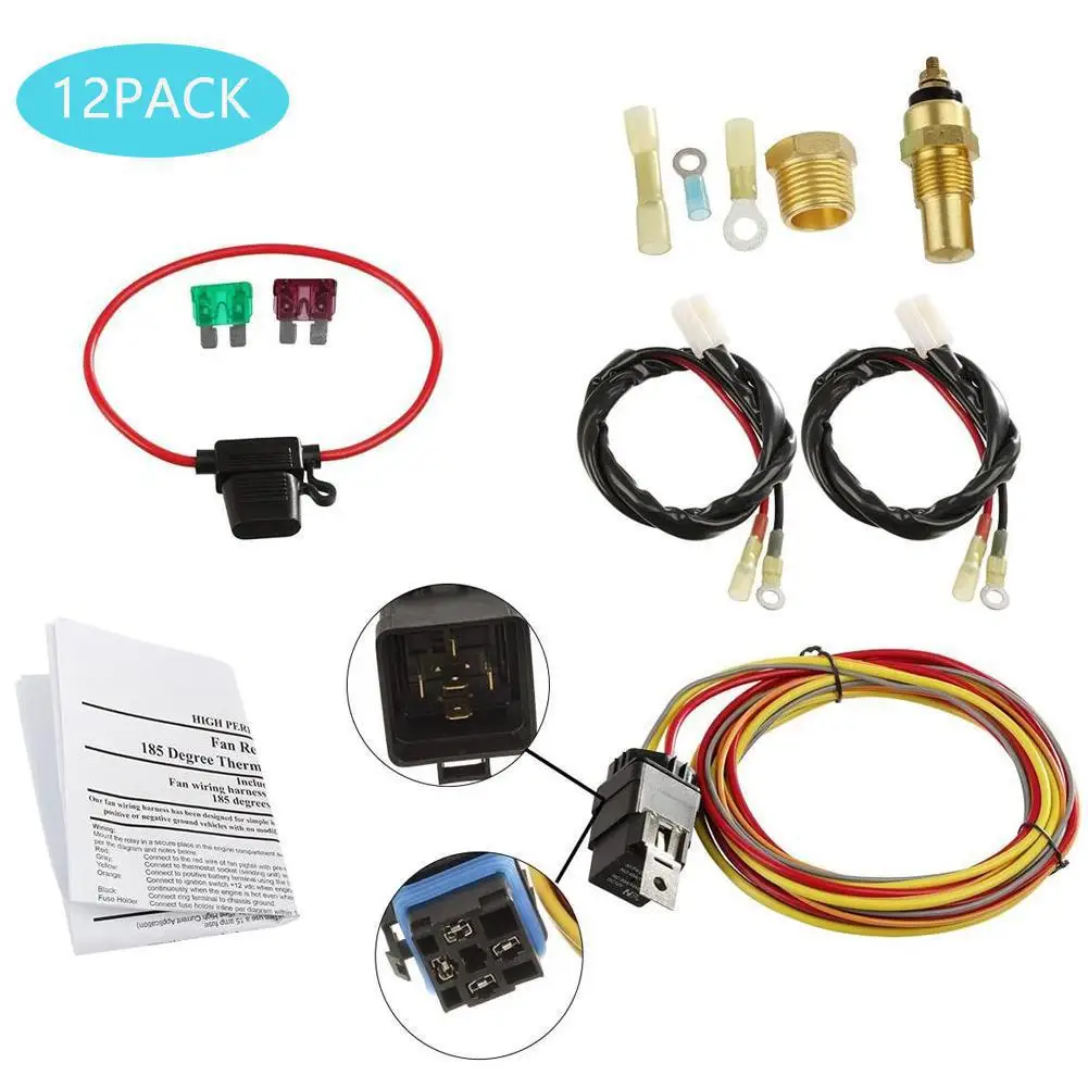 

12pcs Dual Electric Cooling Fan Wire Harness Kit 185 On 165 Off Thermostat 50 AMP Relay