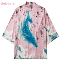 fashion pink japanese harajuku yukata casual whale print kimono shirt women men cardigan summer beach top asian clothing