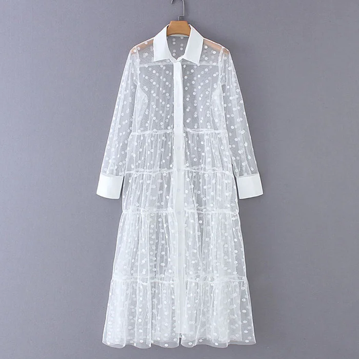 Женское Прозрачное платье рубашка миди в горошек с длинным рукавом|Женские