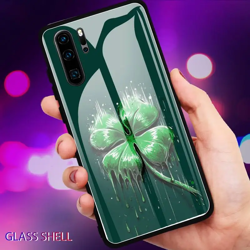 

Four leaf clover Phone Case For Huawei P9 10Plus 20PRO P30 Lite Back Cover Tempered Glass Cases For NOVA 3E Series