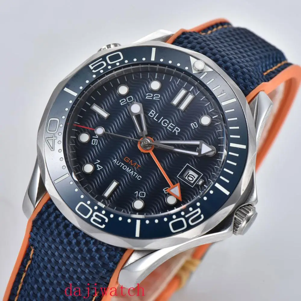 CoRGEUT41mm блигер синий циферблат автоматический часовой механизм GMT Мужская Сапфировая керамика со стразами Панель синий нейлоновый ремень