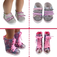 new fashion 7cm sequins doll boots fit 43cm dolls pink glitter shoes for 18 inches american doll