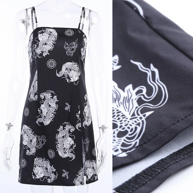 

Dragon Pattern Cheongsam Black Goth Dress Mini Straps Split Diablo Series Black Sexy Dress For Women Party Club Night Bodycon