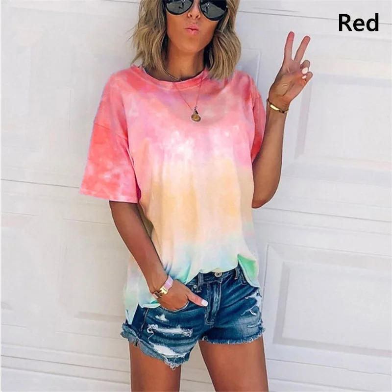 

Women Clothing Tie Dye Gradient Loose Harajuku T-shirts Print Hip Hop Short Sleeve Tops Female Couple Streetwear Casual T Shirt