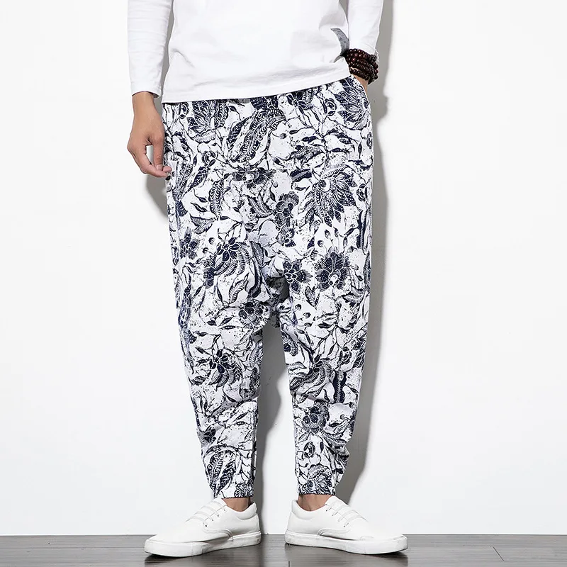 

Chinese style low crotch cross pants trend flower pants cotton linen casual pants men's hip hop style dance pants
