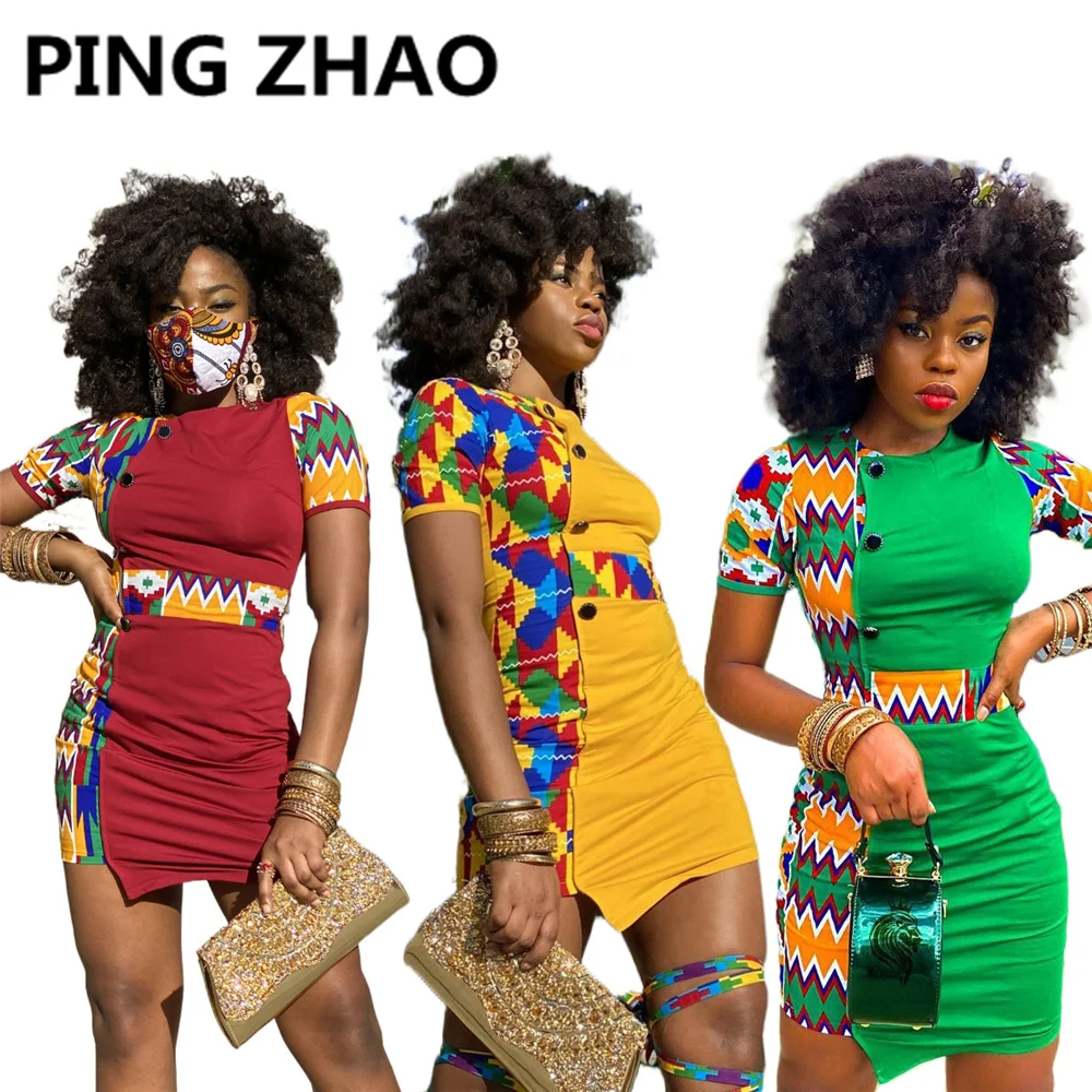

PING ZHAO Women Mini Dress Patchwork Short Sleeve Button Strechy Bodycon Dresses Summer Fashion Casual Vestidos