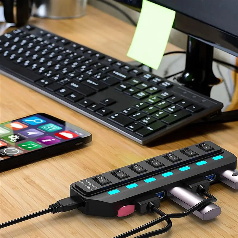 Концентратор USB 3 0 расширитель 7 портов с мощным адаптером и переключателем