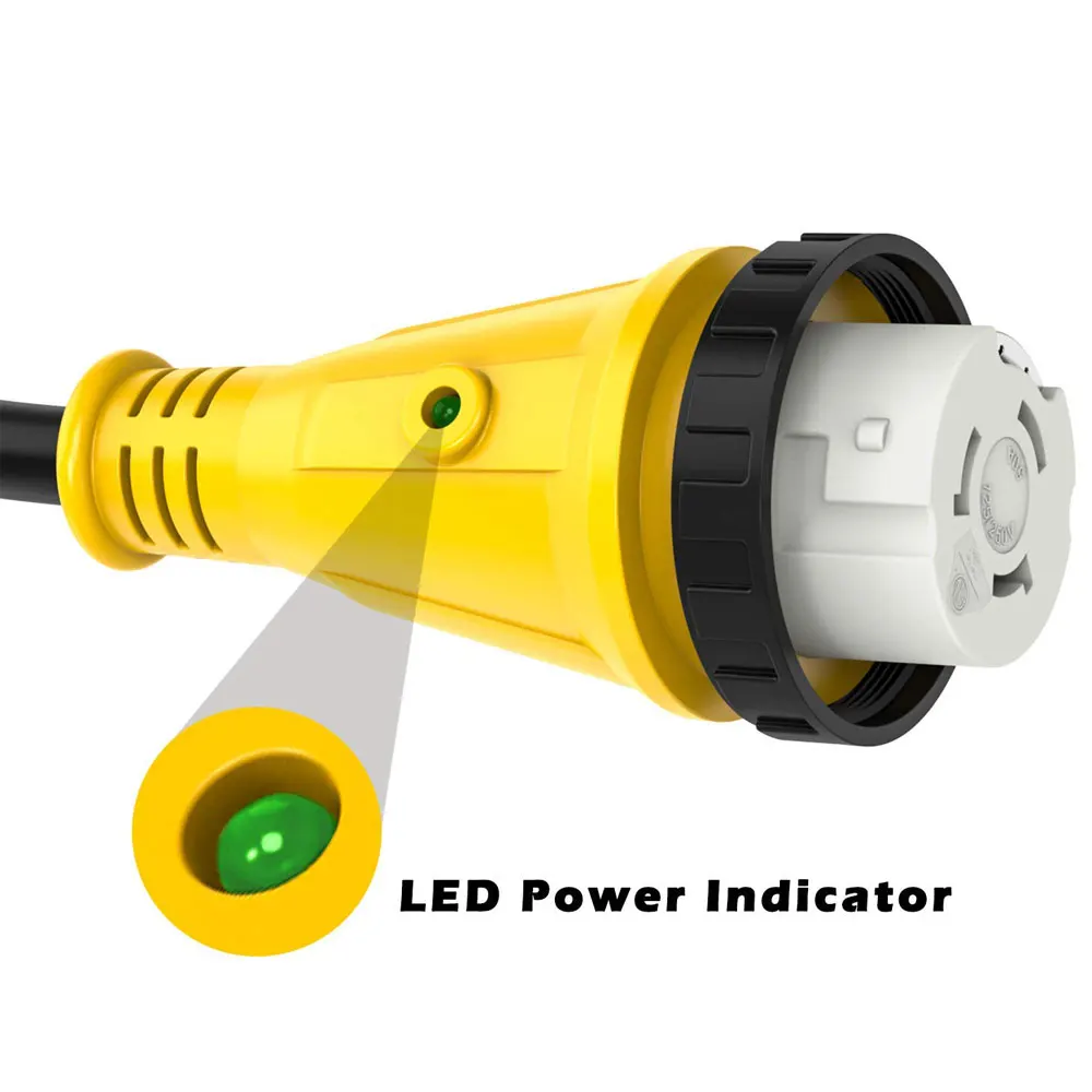 

Trailer Dogbone RV Power Cord Plug Adapter 15 Amp Male to 50 Amp Female Locking Connector with Twist Lock, LED Indicator -12 in
