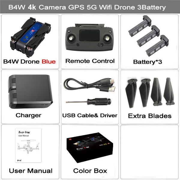Blue 4K 3BAT BX MJX Bugs 4W B4W gps Радиоуправляемый Дрон с камерой 4K HD бесщеточный Дрон складной 5G wifi FPV Квадрокоптер 1,6 км 25 минут оптический поток - Цвет: Blue 4K 3BAT BX